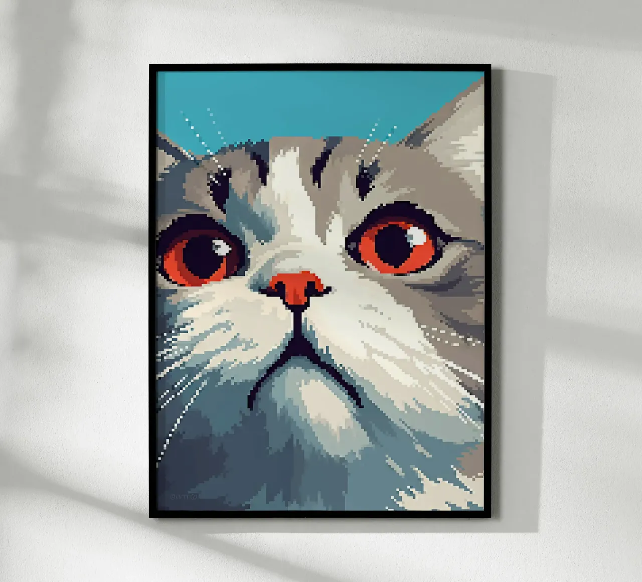 Pixel gatto felino animale domestico baffi pelliccia poster con telaio in legno da Franziska Richter