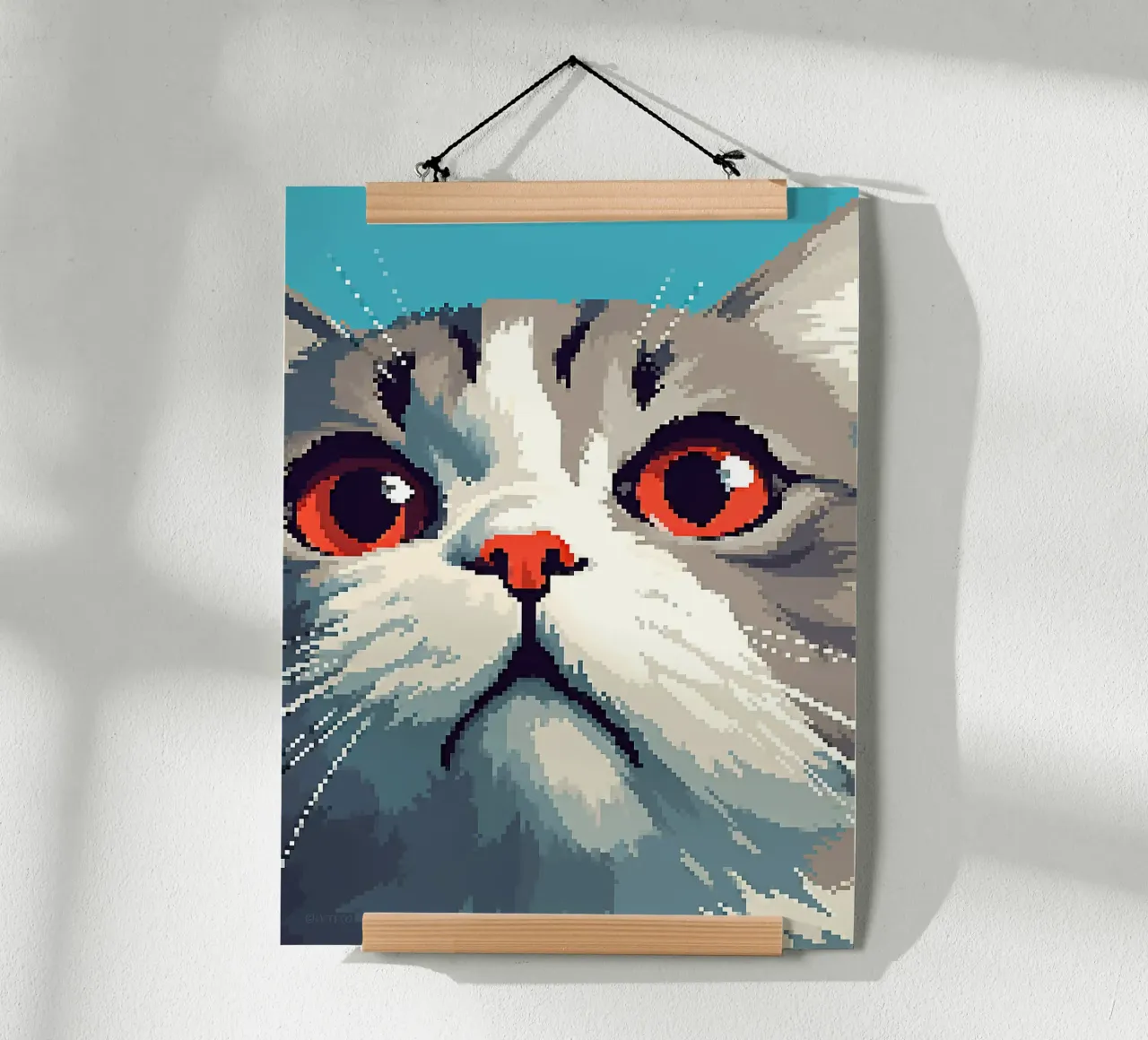 Pixel gatto felino animale domestico baffi pelliccia poster con telaio in legno da Franziska Richter