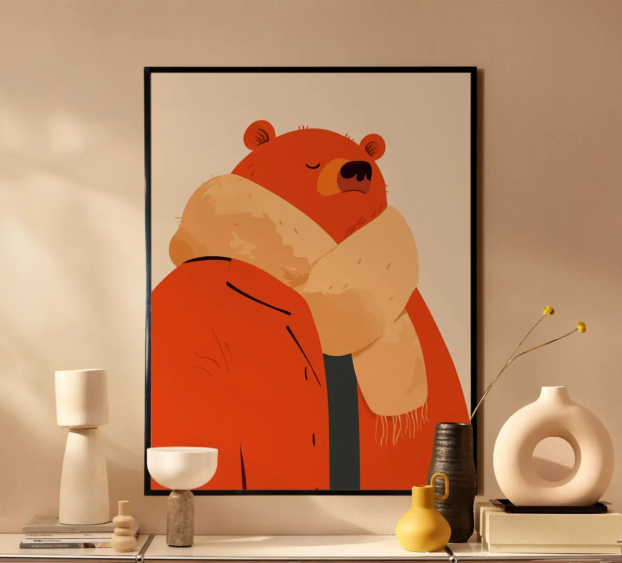 orso sciarpa cappotto pelliccia arancione poster con telaio in legno da Franziska Richter