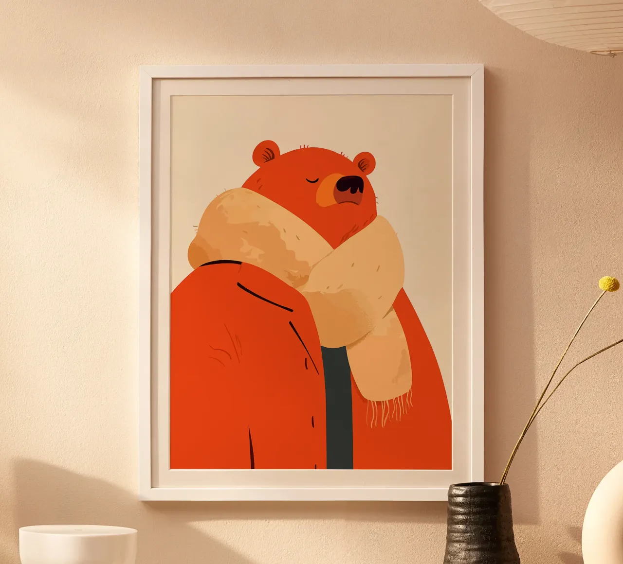 orso sciarpa cappotto pelliccia arancione poster con telaio in legno da Franziska Richter