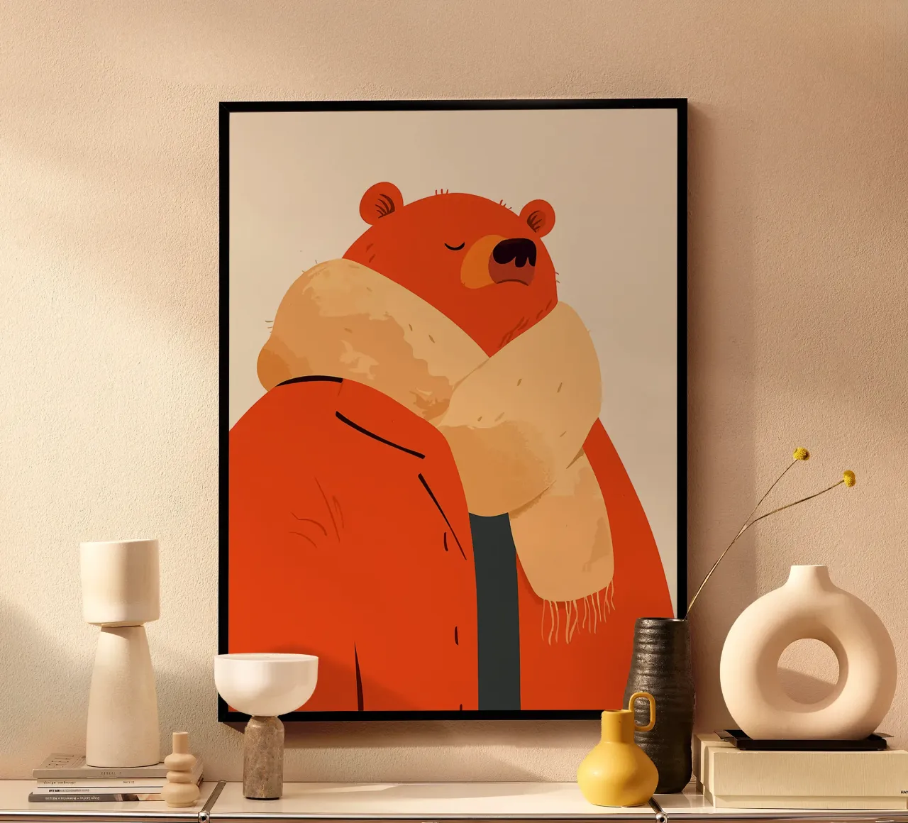 orso sciarpa cappotto pelliccia arancione poster con telaio in legno da Franziska Richter