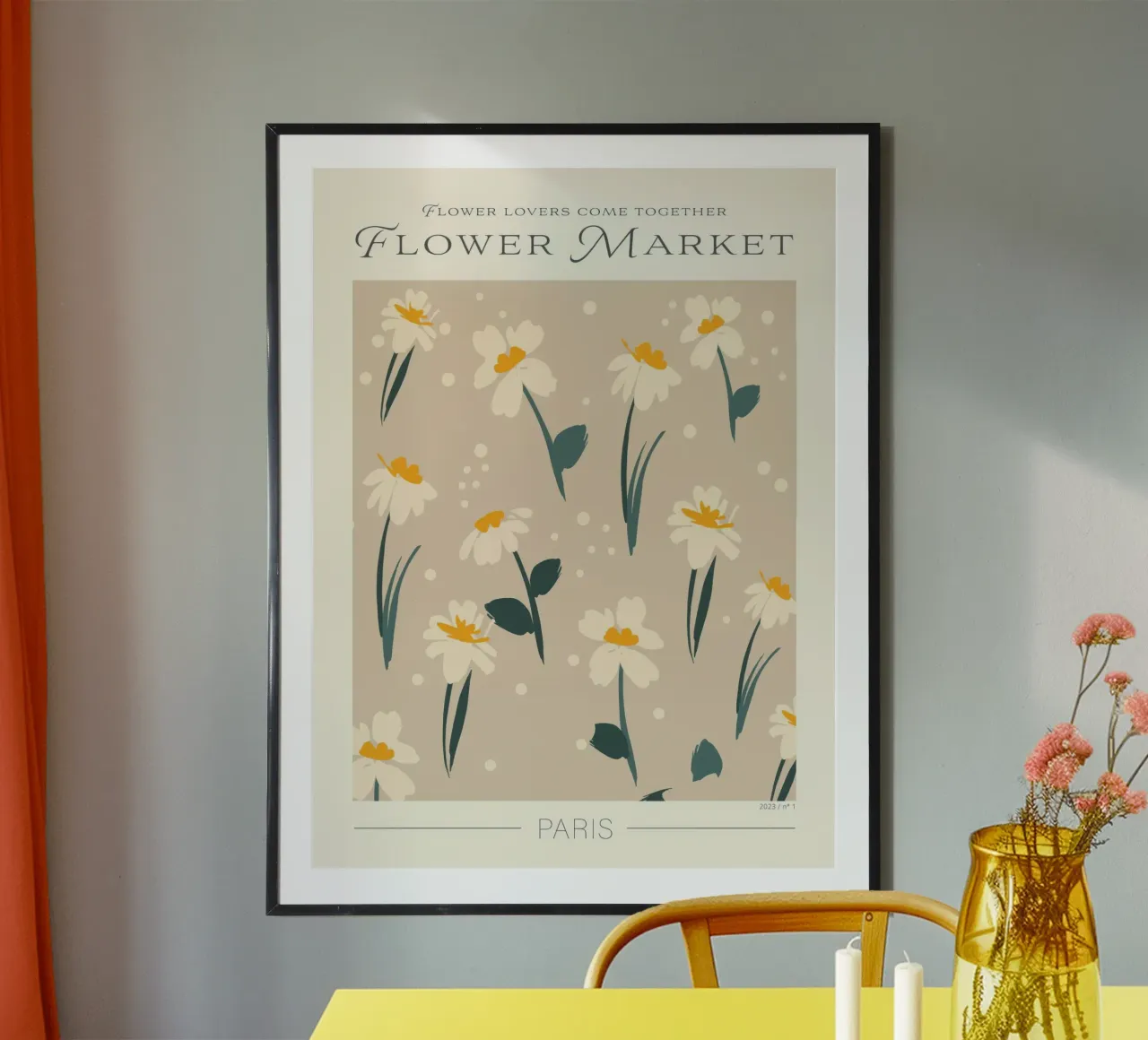 Mercato dei fiori di Parigi poster con telaio in legno da TekleDawit