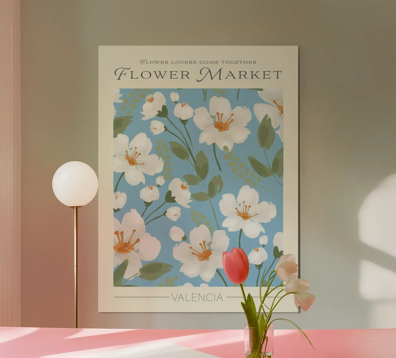 Mercato dei fiori di Valencia poster con telaio in legno da TekleDawit