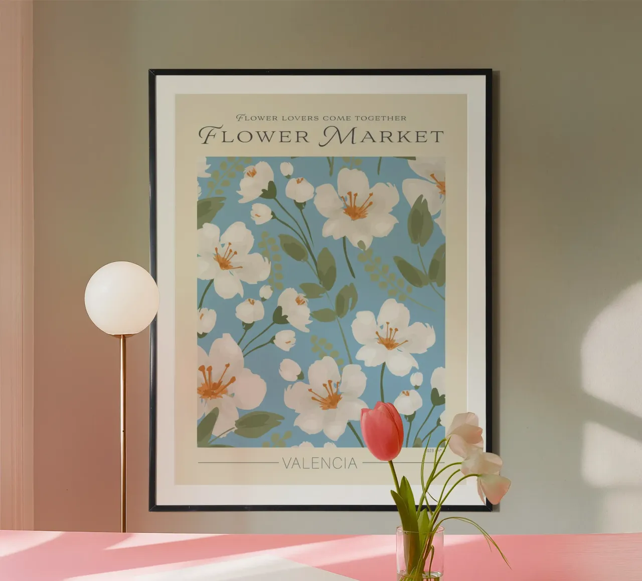 Mercato dei fiori di Valencia poster con telaio in legno da TekleDawit
