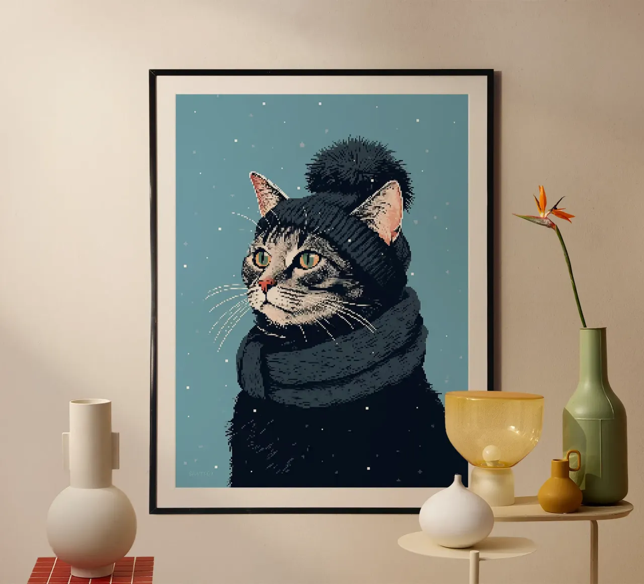 Pixel gatto cappello invernale sciarpa animale poster con telaio in alluminio da Elly Neubauer