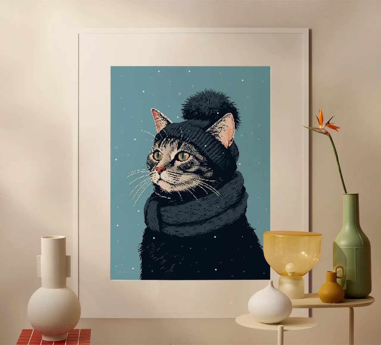 Pixel gatto cappello invernale sciarpa animale poster con telaio in alluminio da Elly Neubauer