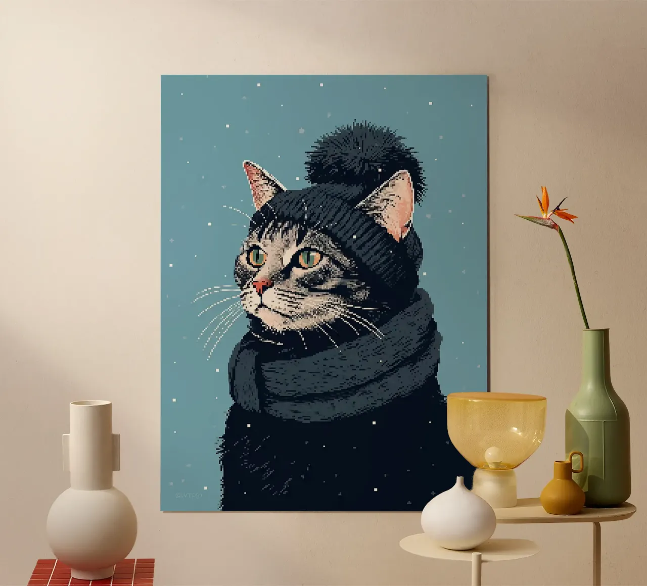 Pixel gatto cappello invernale sciarpa animale poster con telaio in alluminio da Elly Neubauer