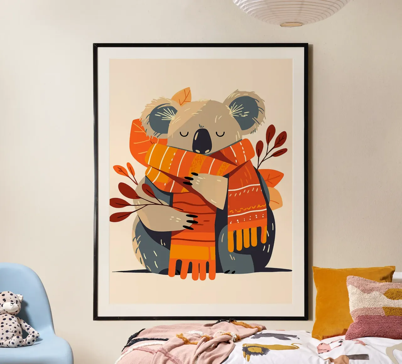 sciarpa koala foglie autunno arancio poster con telaio in legno da Elly Neubauer