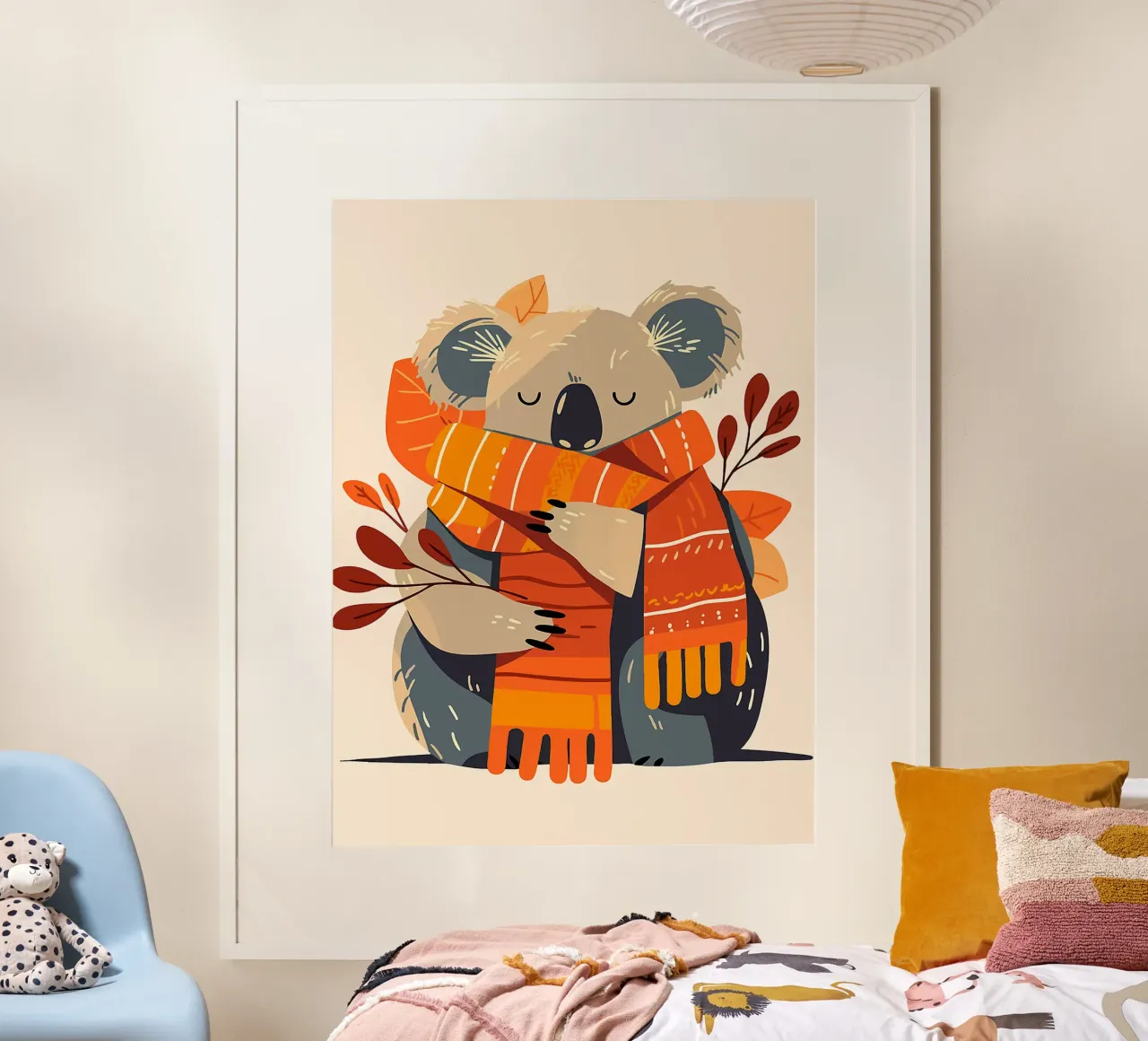 sciarpa koala foglie autunno arancio poster con telaio in legno da Elly Neubauer