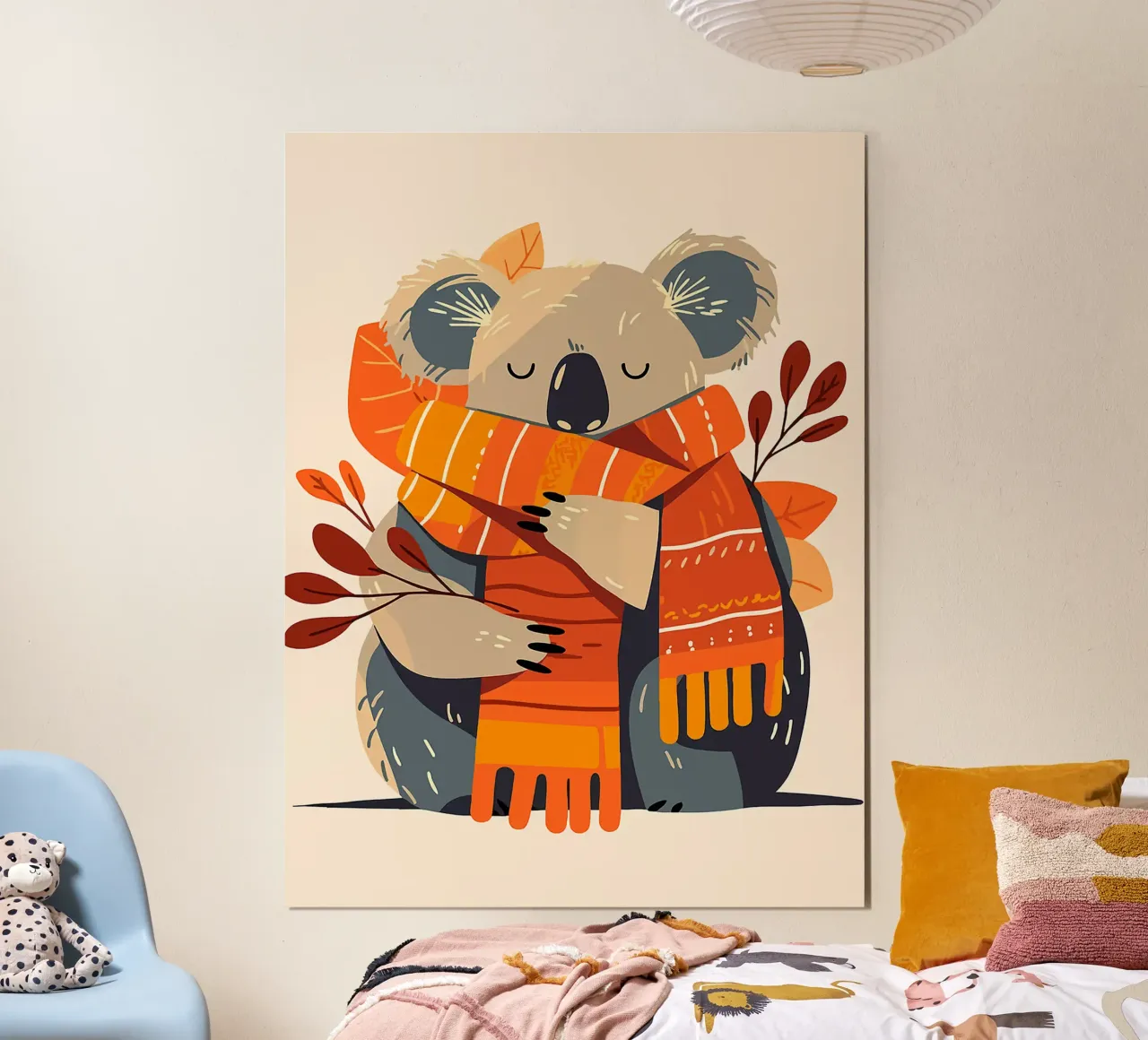 sciarpa koala foglie autunno arancio poster con telaio in legno da Elly Neubauer