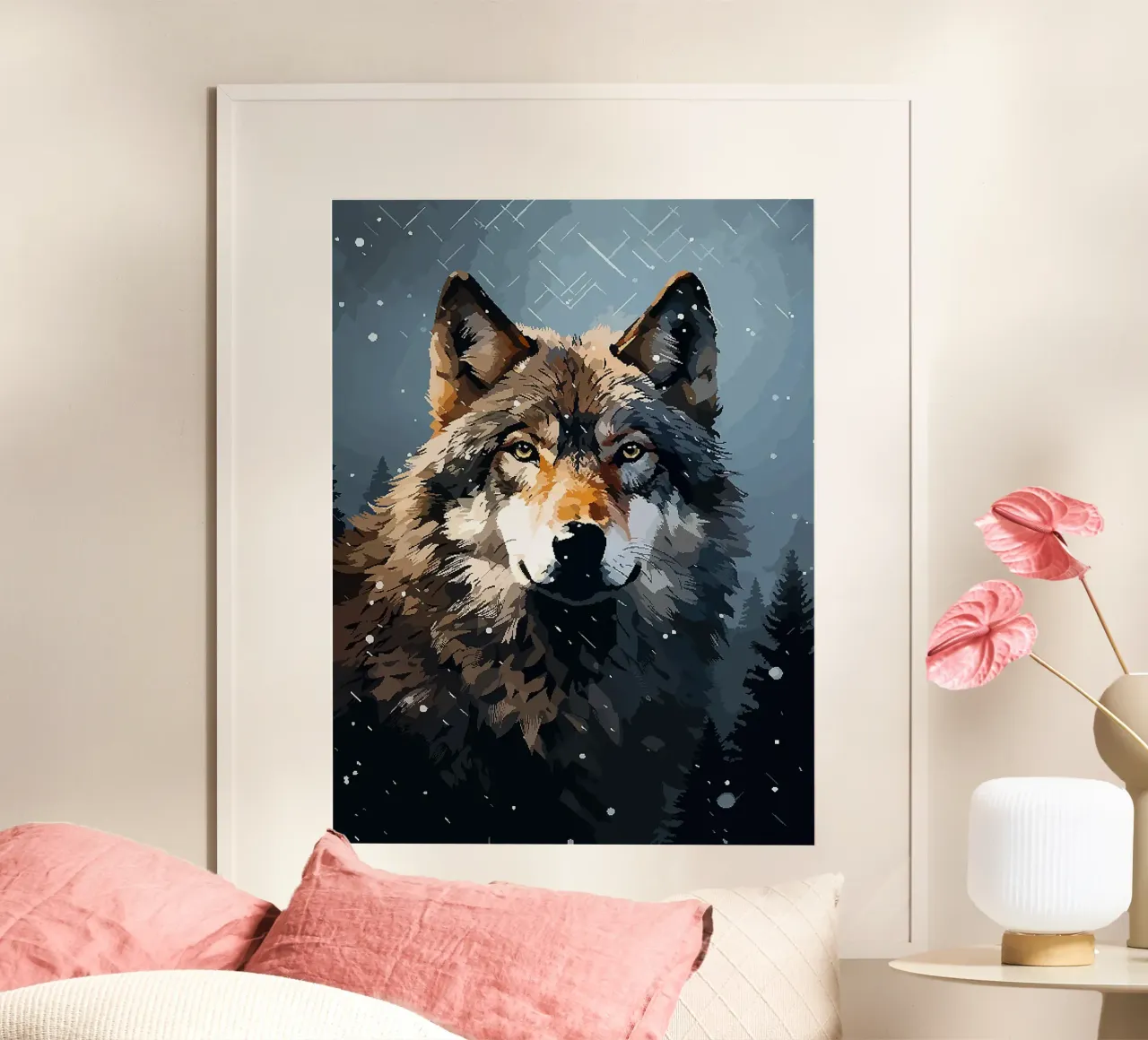 lupo animale neve inverno foresta poster con telaio in alluminio da Elly Neubauer