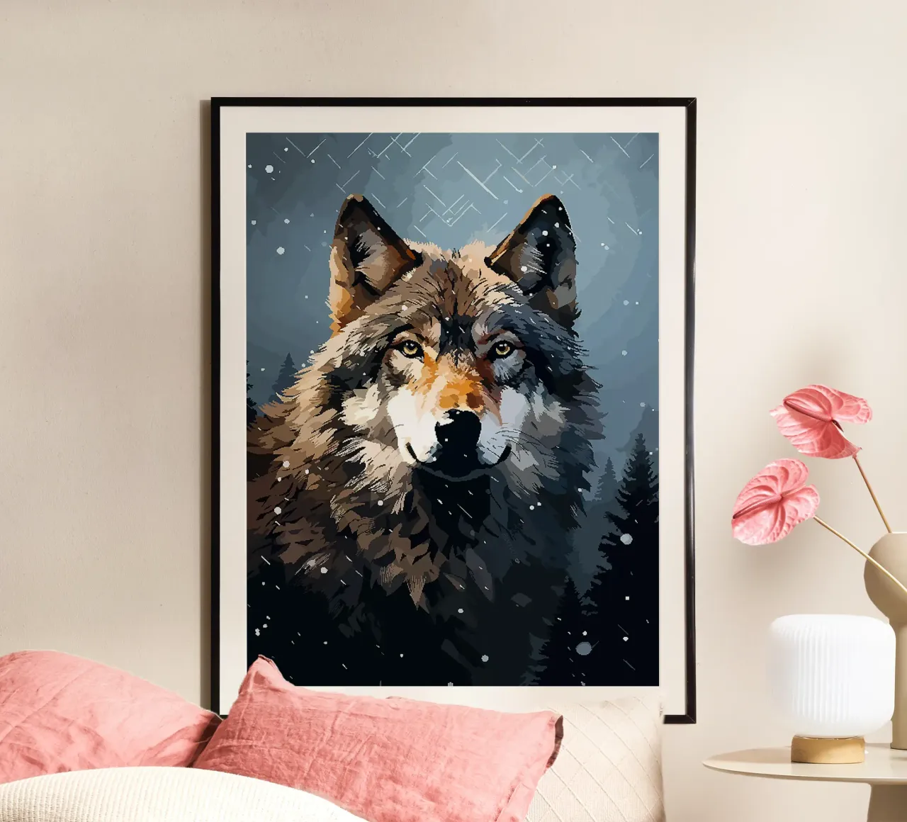 lupo animale neve inverno foresta poster con telaio in alluminio da Elly Neubauer