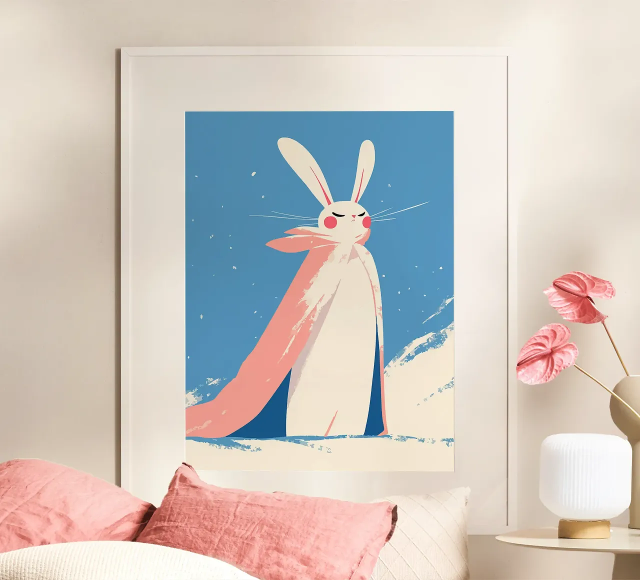 coniglio mantello fiocchi di neve baffi orecchie poster con telaio in plastica da Elly Neubauer