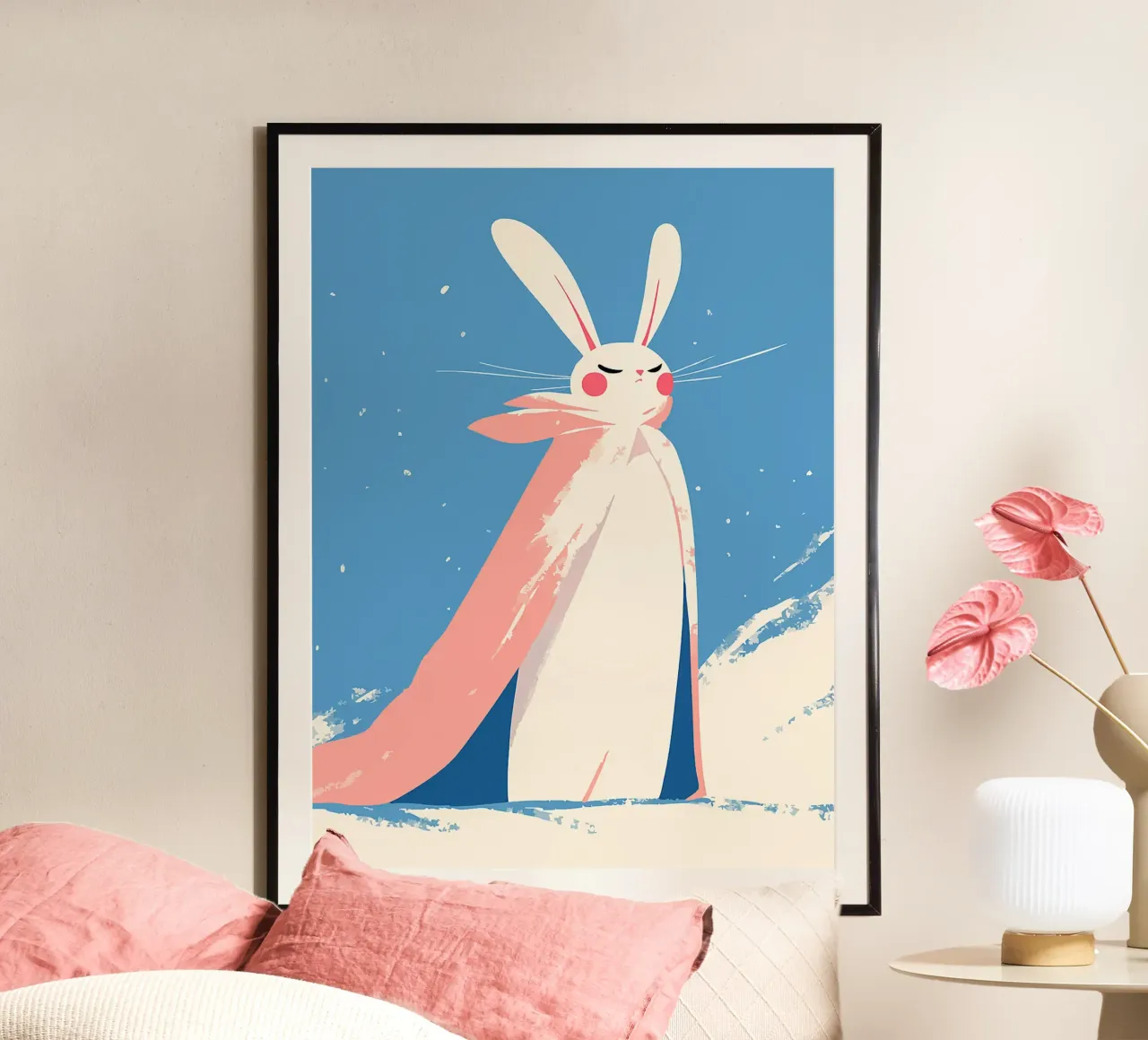 coniglio mantello fiocchi di neve baffi orecchie poster con telaio in plastica da Elly Neubauer