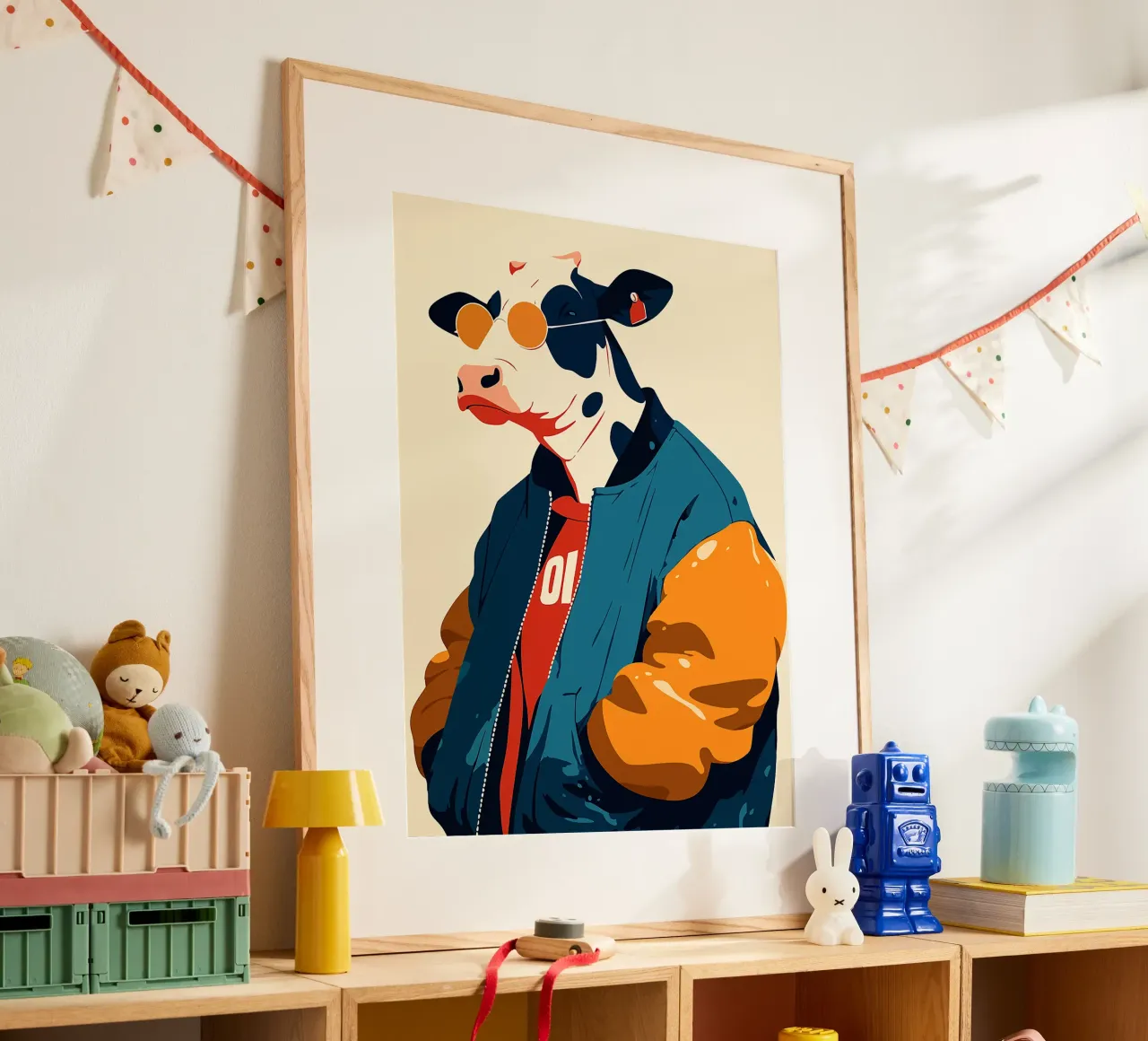 occhiali da sole in mucca giacca bomber moda cool poster con telaio in legno da Elly Neubauer