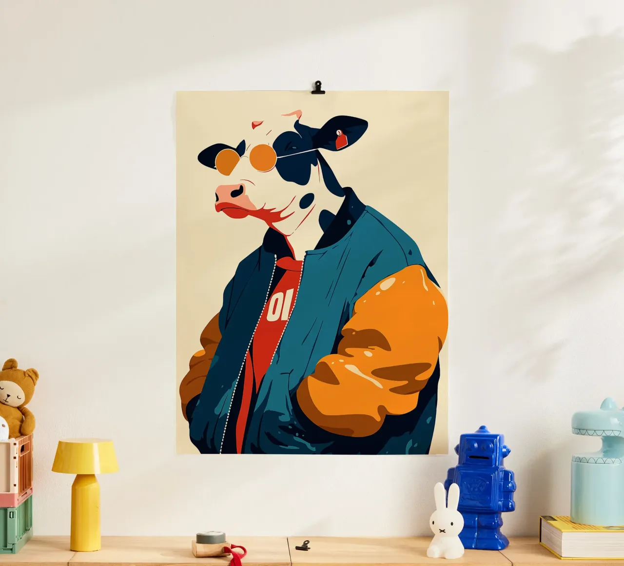 occhiali da sole in mucca giacca bomber moda cool poster con telaio in legno da Elly Neubauer