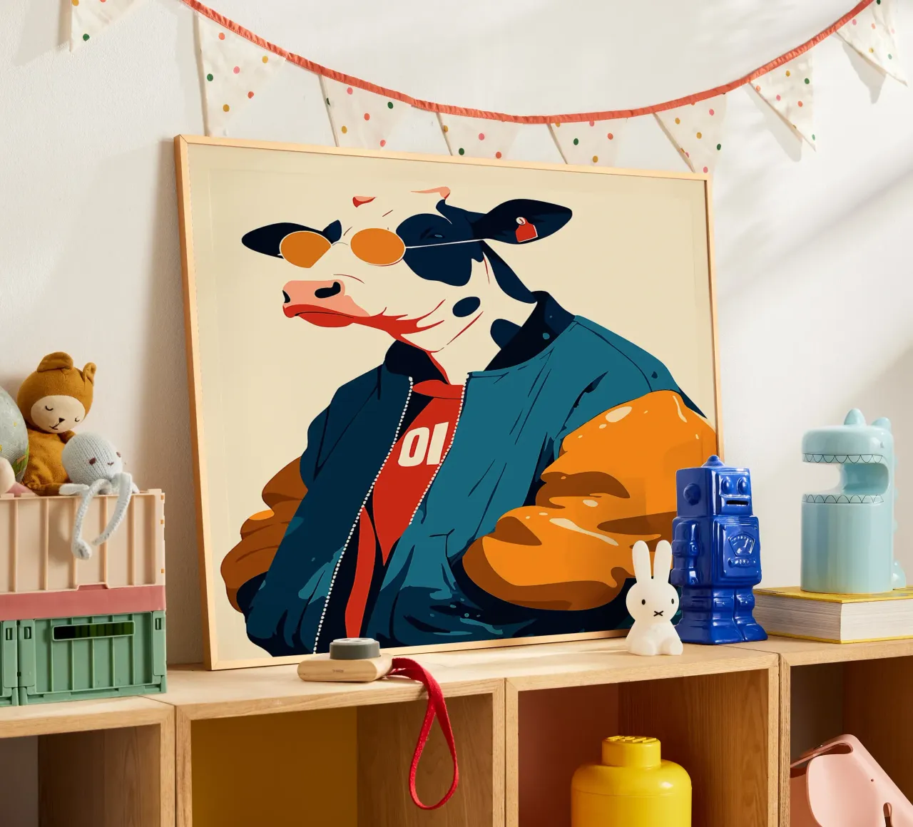 occhiali da sole in mucca giacca bomber moda cool poster con telaio in legno da Elly Neubauer