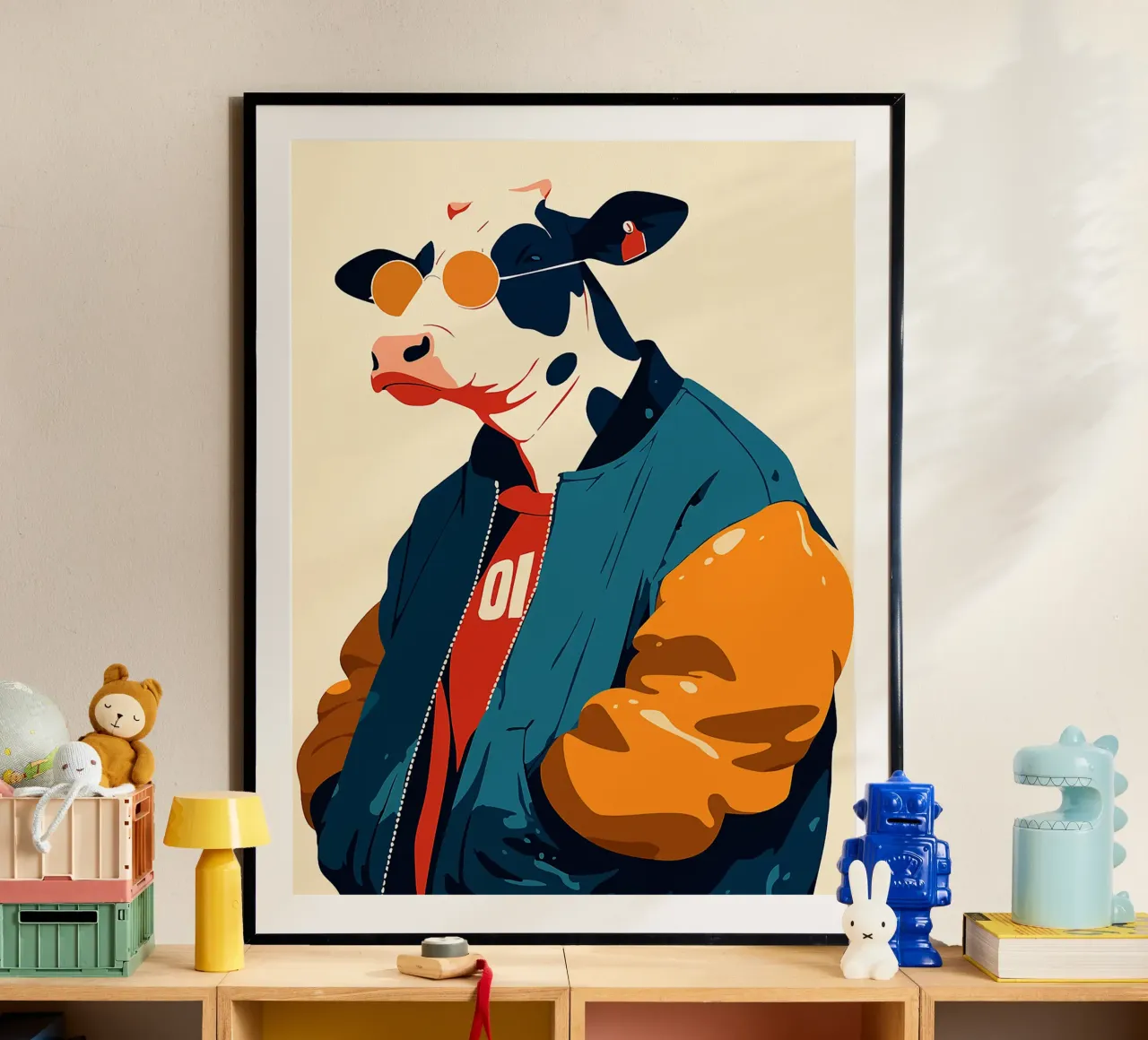 occhiali da sole in mucca giacca bomber moda cool poster con telaio in legno da Elly Neubauer