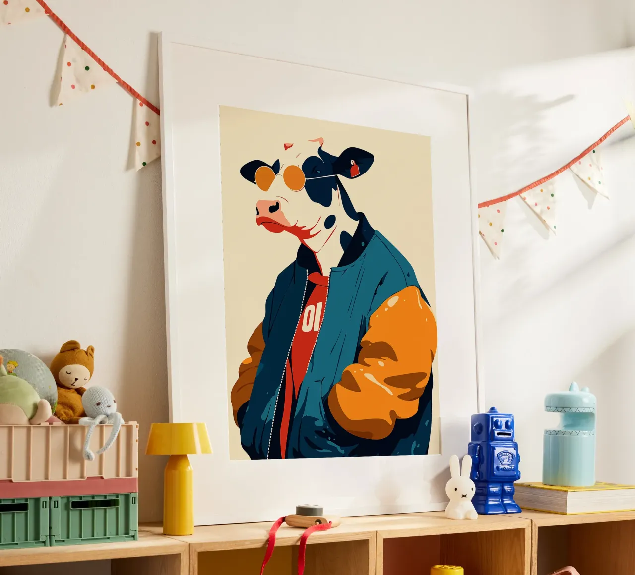 occhiali da sole in mucca giacca bomber moda cool poster con telaio in legno da Elly Neubauer
