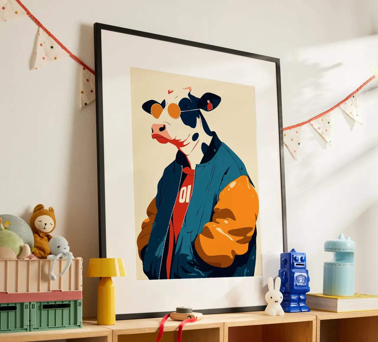 occhiali da sole in mucca giacca bomber moda cool poster con telaio in legno da Elly Neubauer