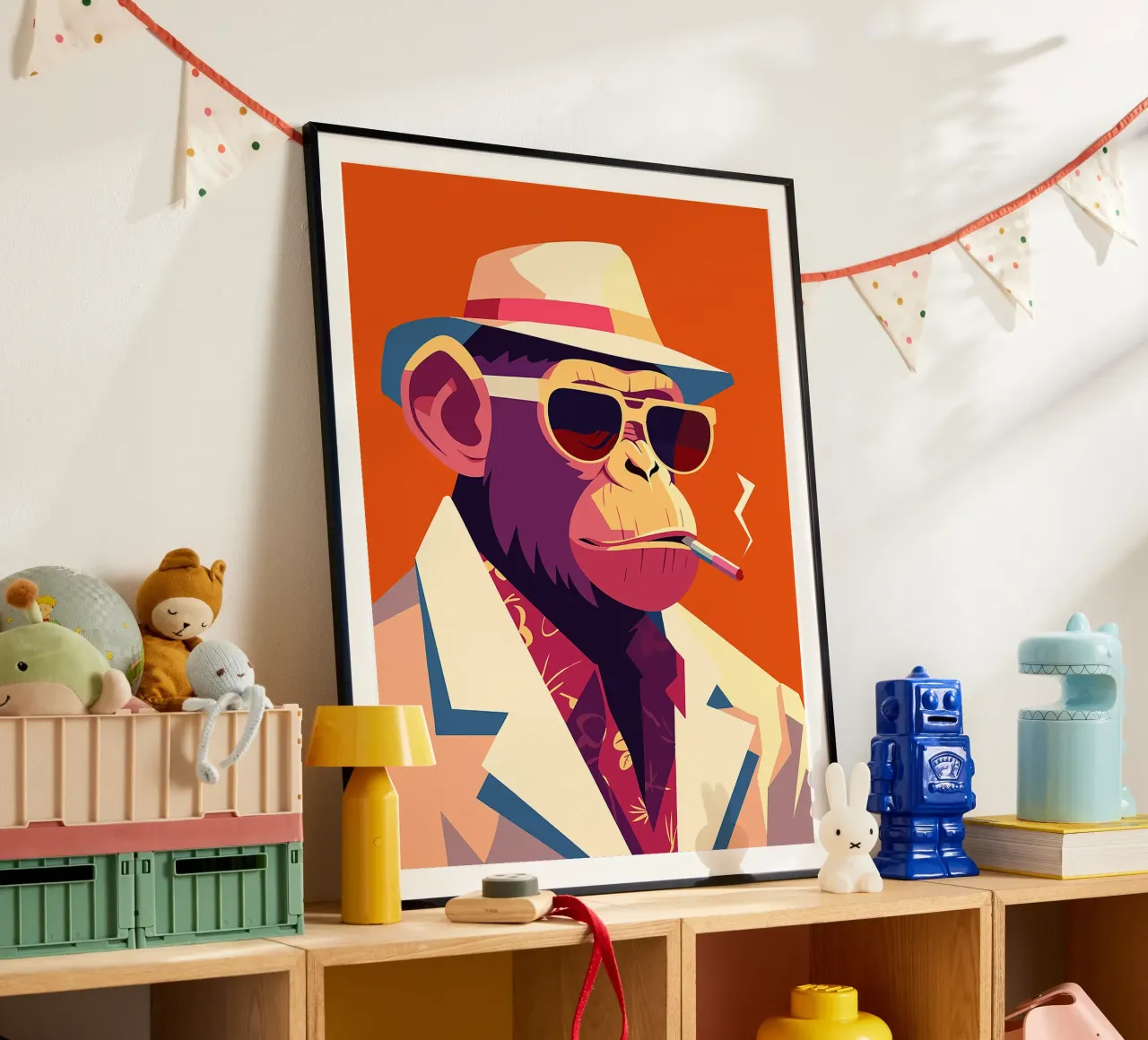 cappello scimmia occhiali da sole abito a sigaretta poster con telaio in alluminio da Lukas Hoffmann