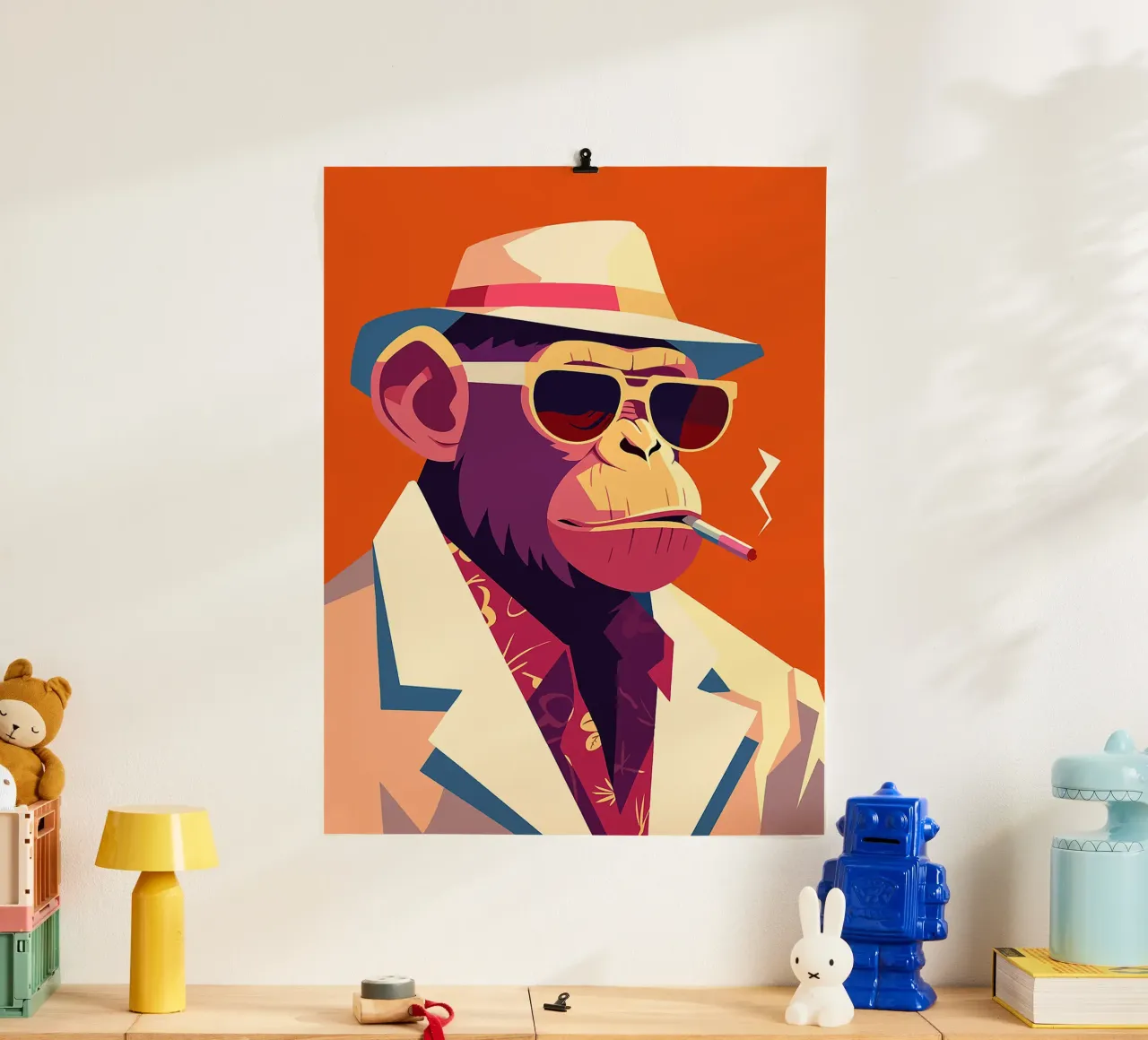 cappello scimmia occhiali da sole abito a sigaretta poster con telaio in alluminio da Lukas Hoffmann