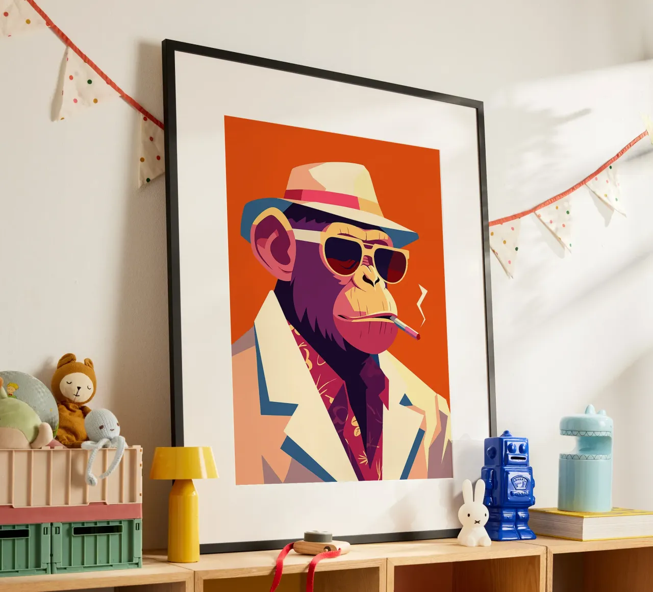 cappello scimmia occhiali da sole abito a sigaretta poster con telaio in alluminio da Lukas Hoffmann