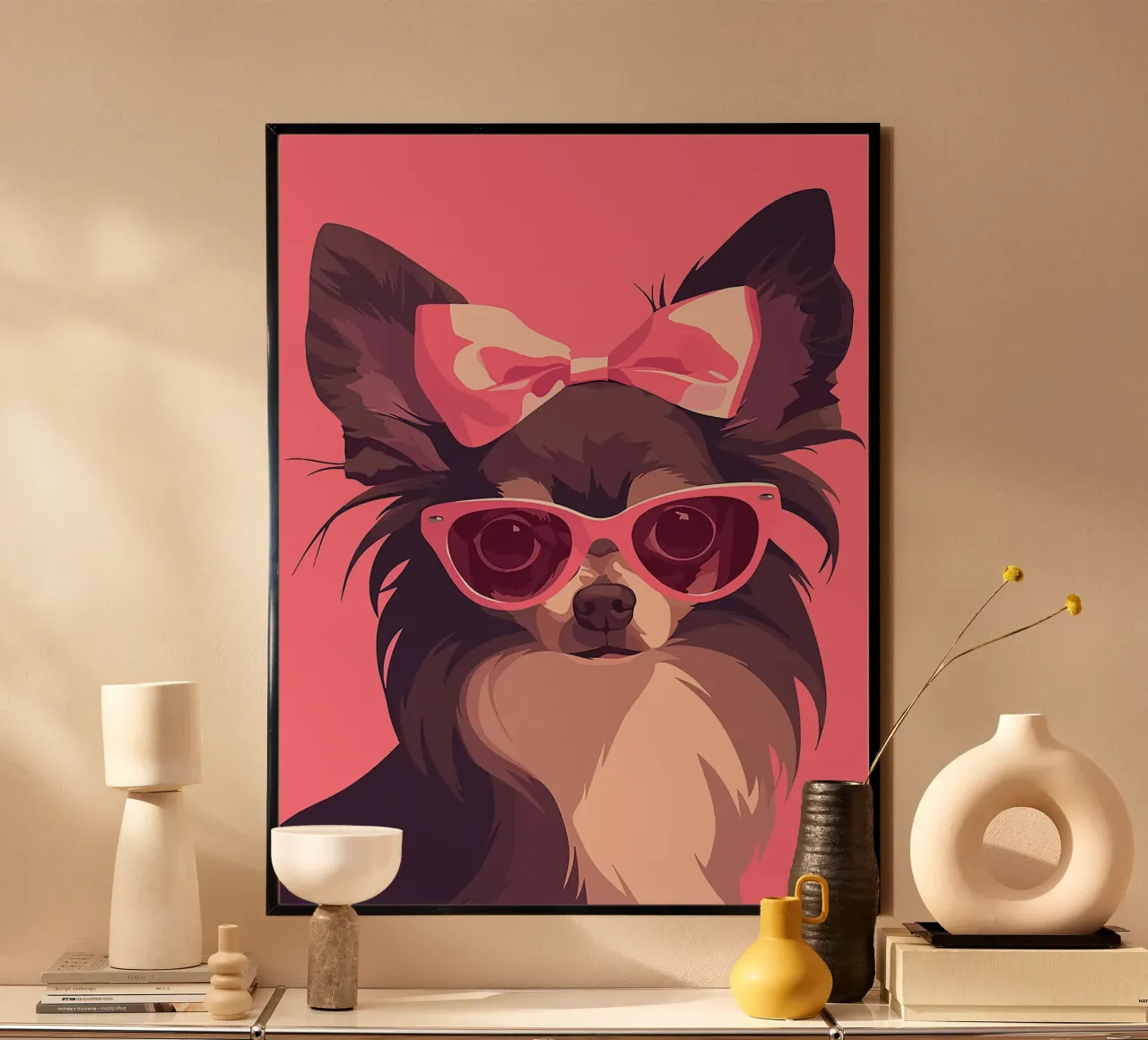 occhiali da sole per cani fiocco rosa orecchie chihuahua poster con telaio in legno da Lukas Hoffmann