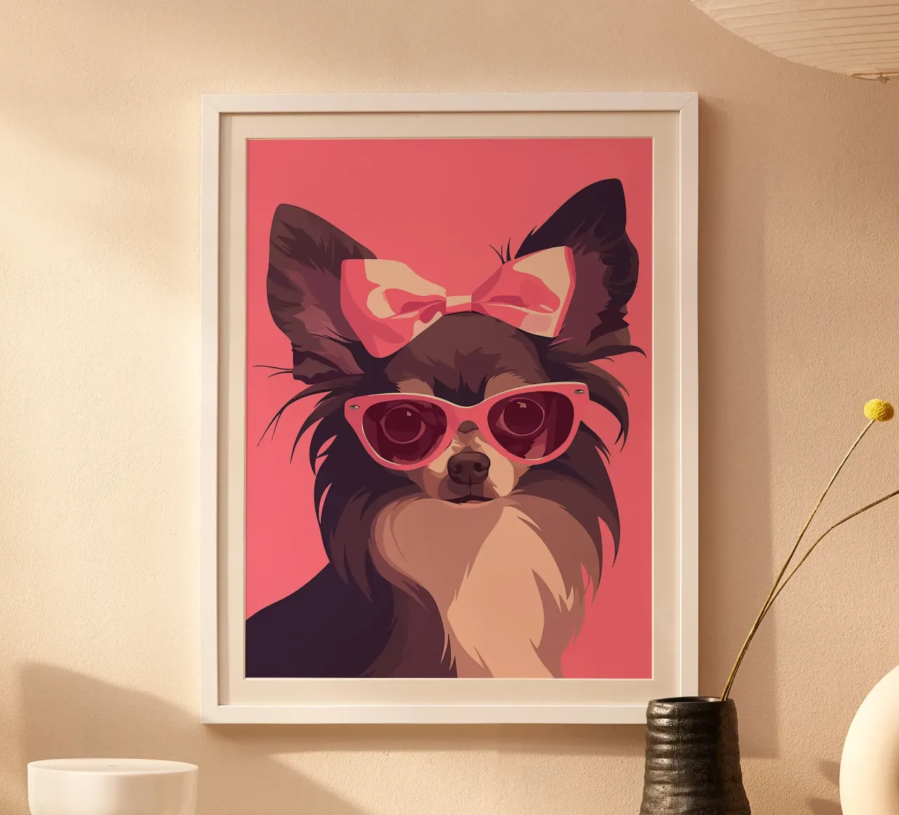 occhiali da sole per cani fiocco rosa orecchie chihuahua poster con telaio in legno da Lukas Hoffmann