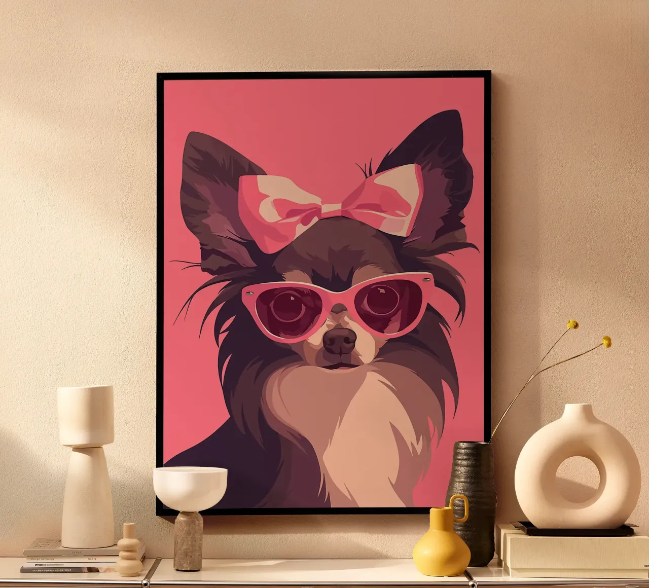 occhiali da sole per cani fiocco rosa orecchie chihuahua poster con telaio in legno da Lukas Hoffmann