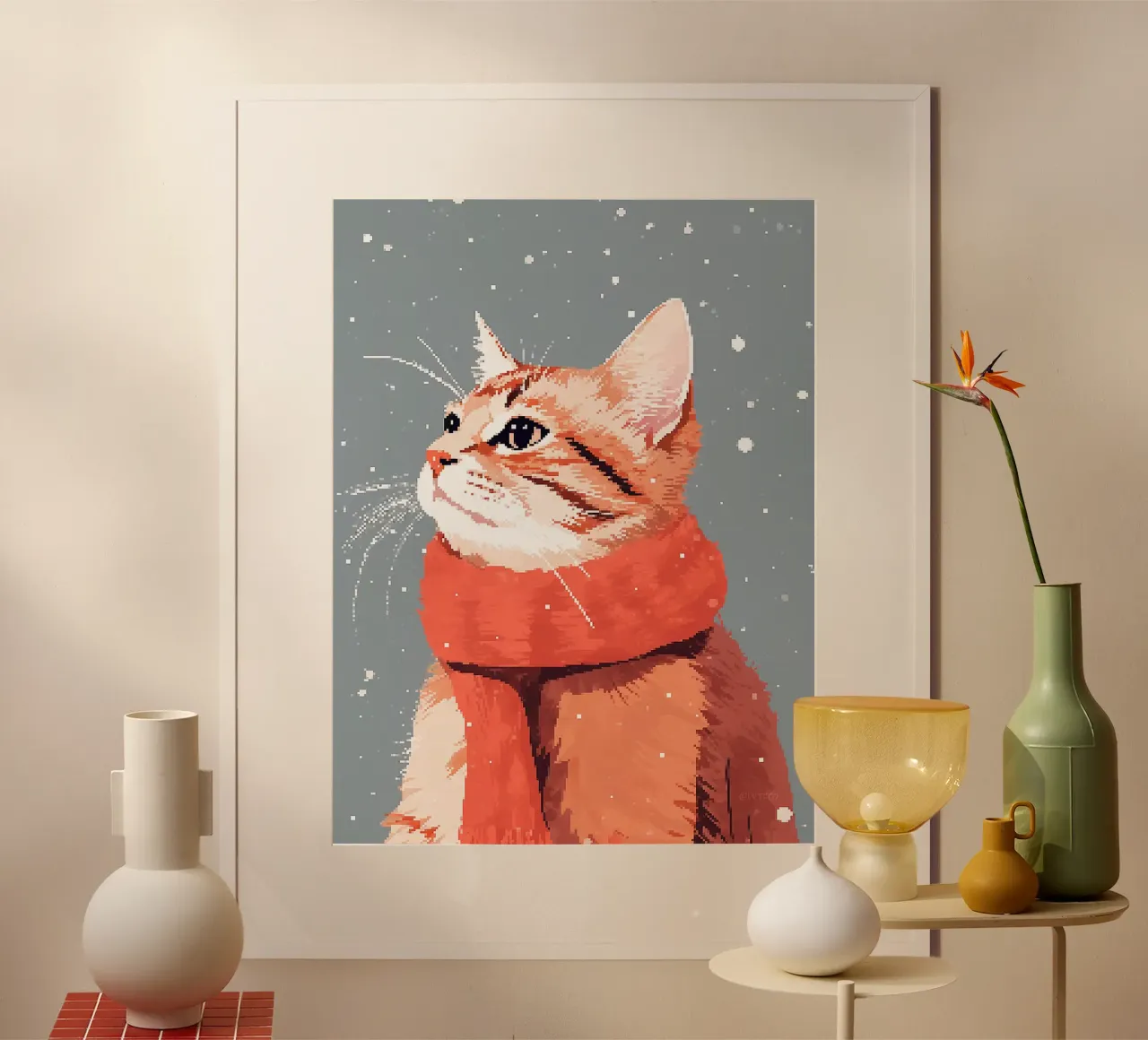 gatto neve sciarpa inverno baffi pelliccia orecchie poster con telaio in legno da Lukas Hoffmann