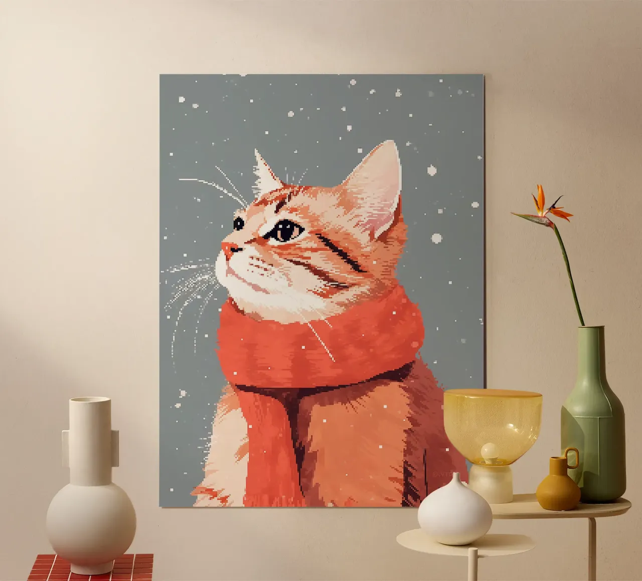 gatto neve sciarpa inverno baffi pelliccia orecchie poster con telaio in legno da Lukas Hoffmann
