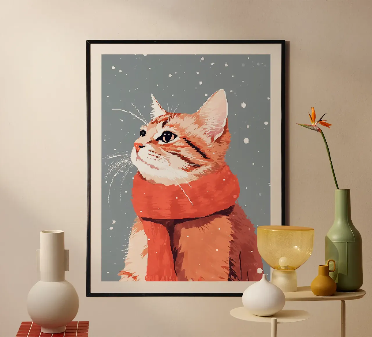 gatto neve sciarpa inverno baffi pelliccia orecchie poster con telaio in legno da Lukas Hoffmann