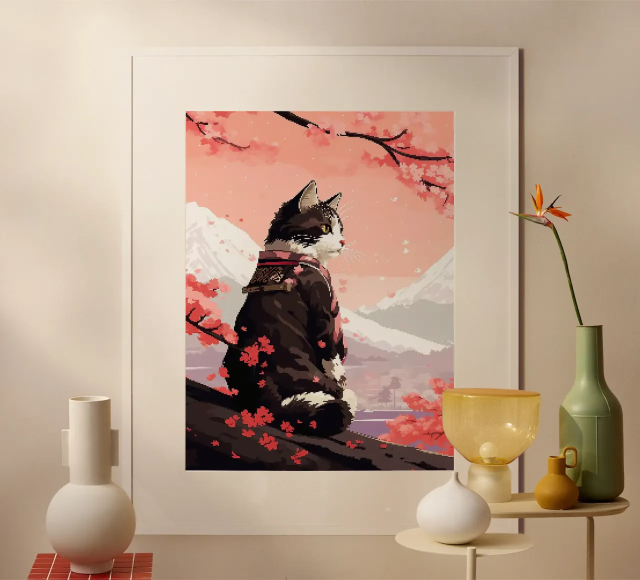 gatto fiori di ciliegio kimono montagne neve poster con telaio in plastica da Lukas Hoffmann