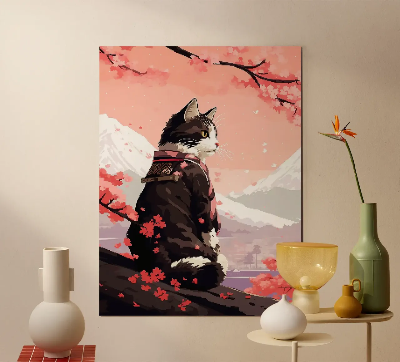 gatto fiori di ciliegio kimono montagne neve poster con telaio in plastica da Lukas Hoffmann