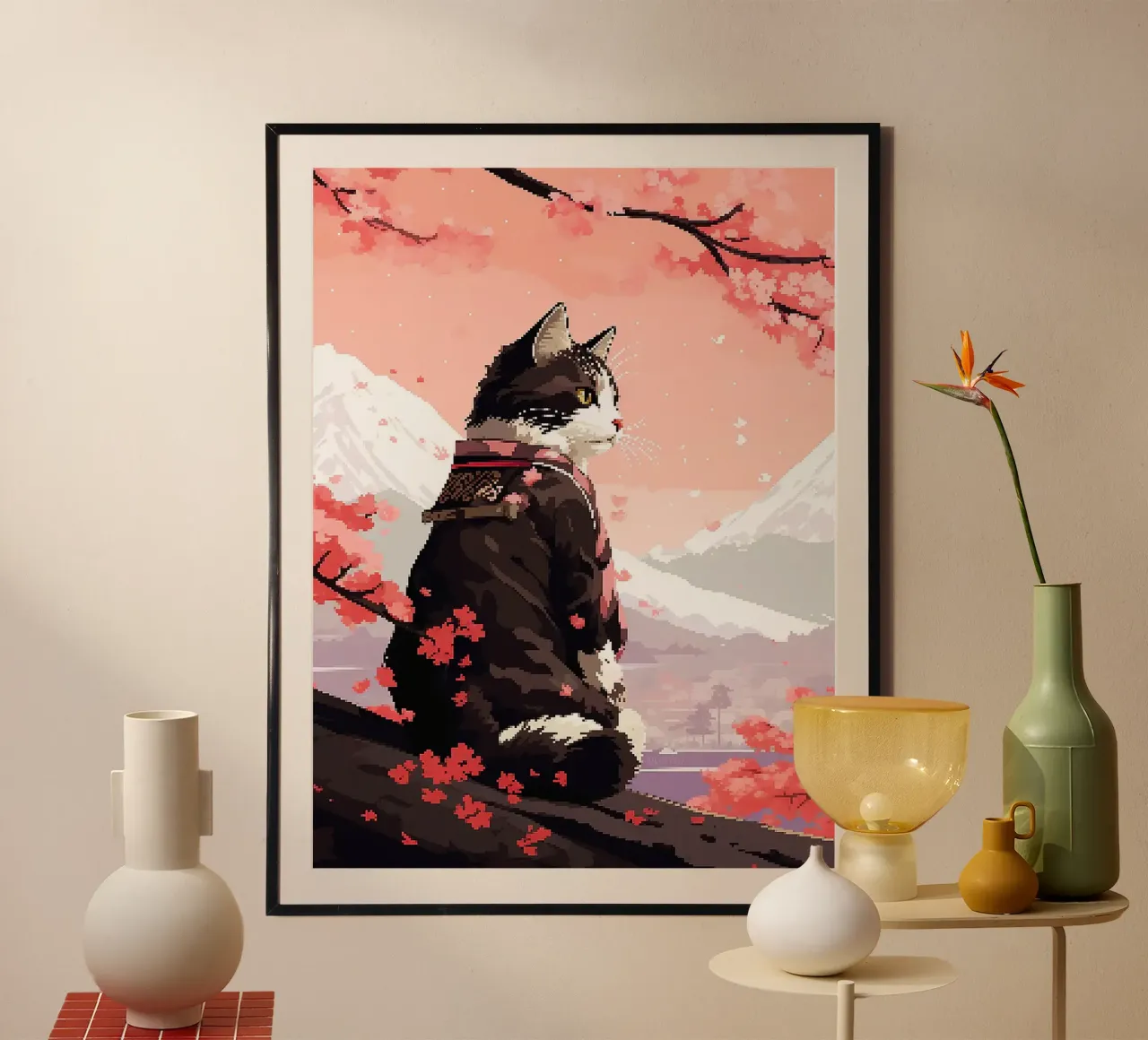gatto fiori di ciliegio kimono montagne neve poster con telaio in plastica da Lukas Hoffmann