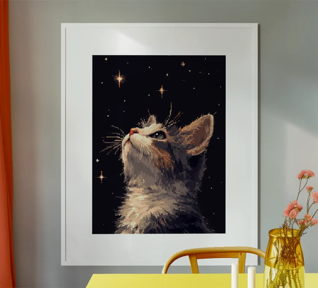 gatto stelle notte pelliccia baffi profilo orecchie poster con telaio in legno da Lukas Hoffmann