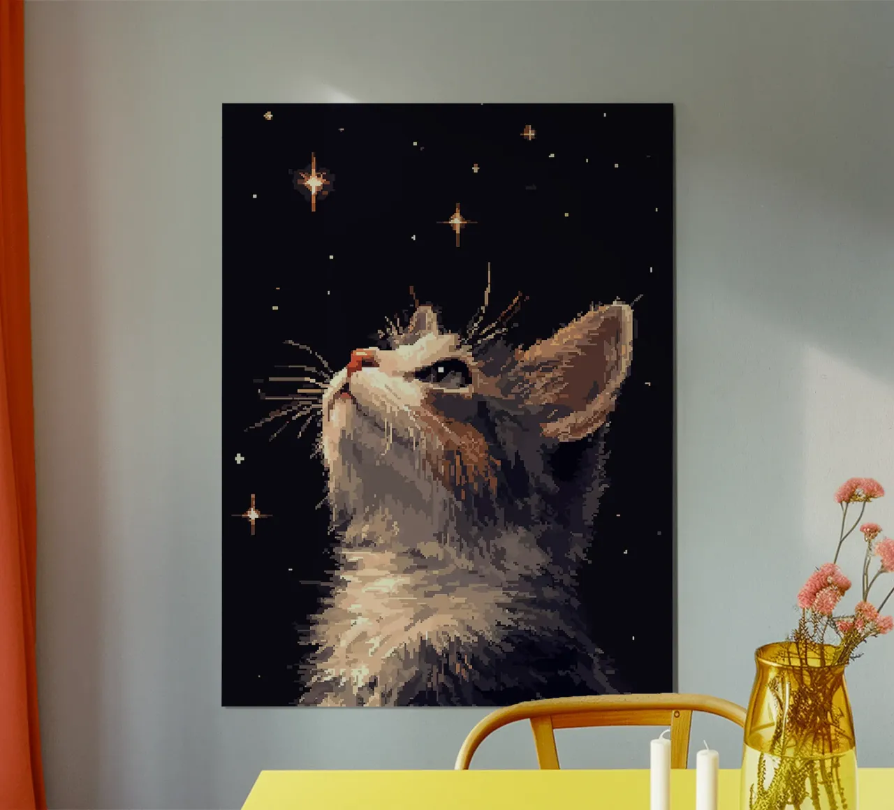 gatto stelle notte pelliccia baffi profilo orecchie poster con telaio in legno da Lukas Hoffmann