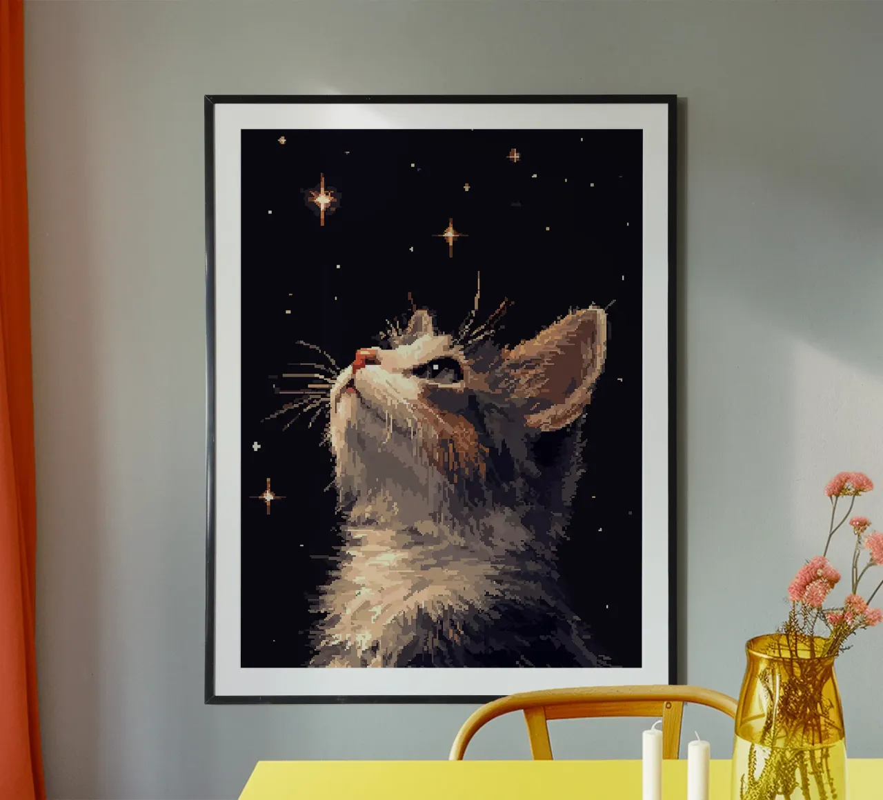 gatto stelle notte pelliccia baffi profilo orecchie poster con telaio in legno da Lukas Hoffmann