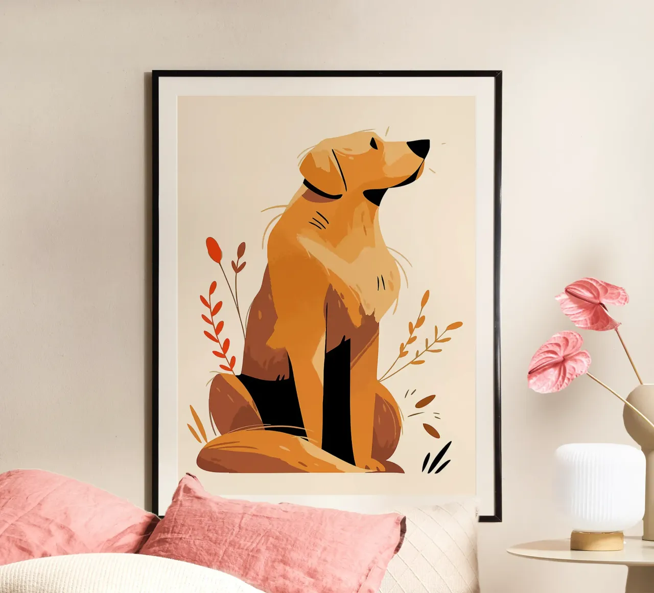 cane golden retriever foglie fiori seduto poster con telaio in alluminio da Lukas Hoffmann