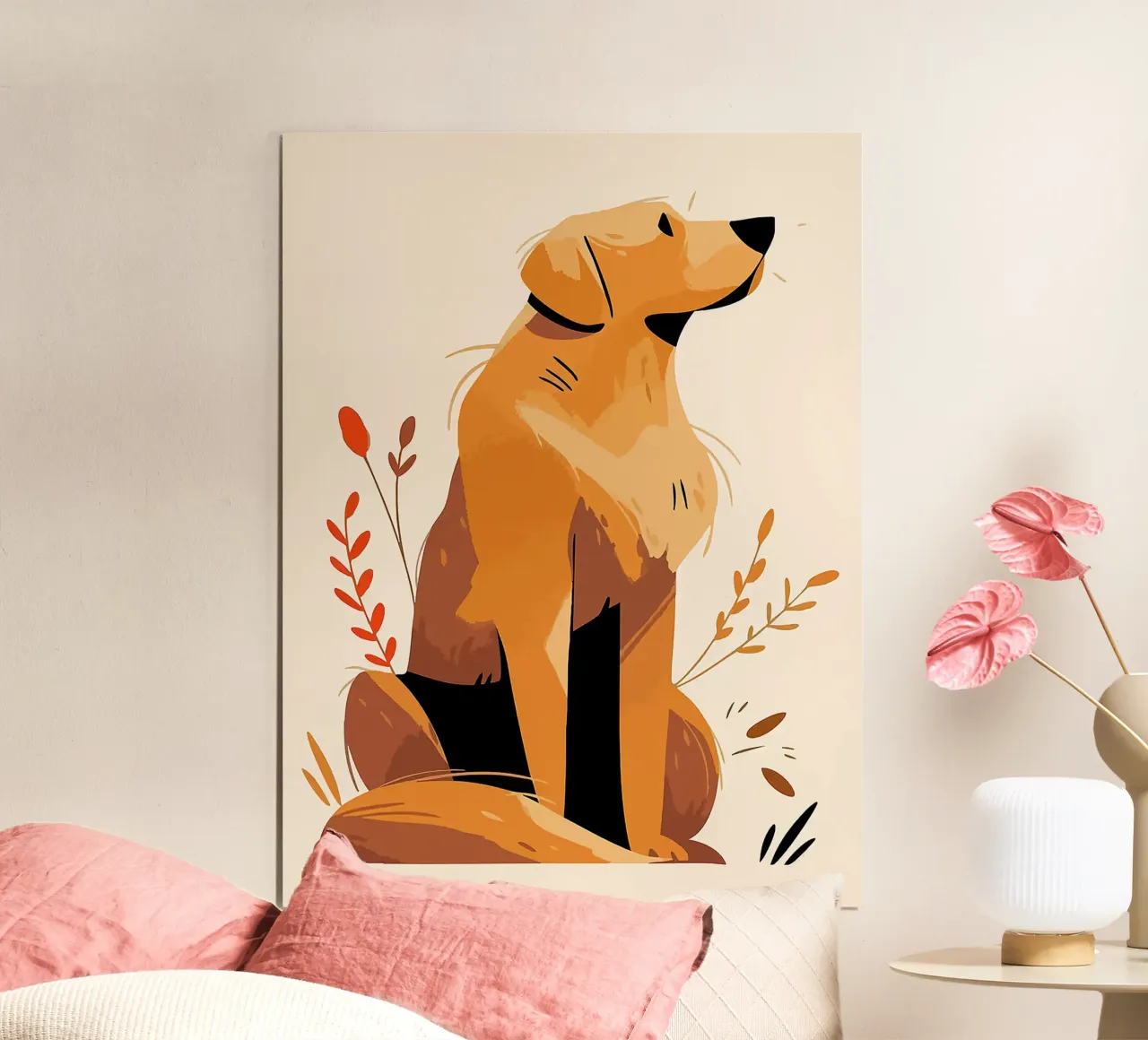 cane golden retriever foglie fiori seduto poster con telaio in alluminio da Lukas Hoffmann