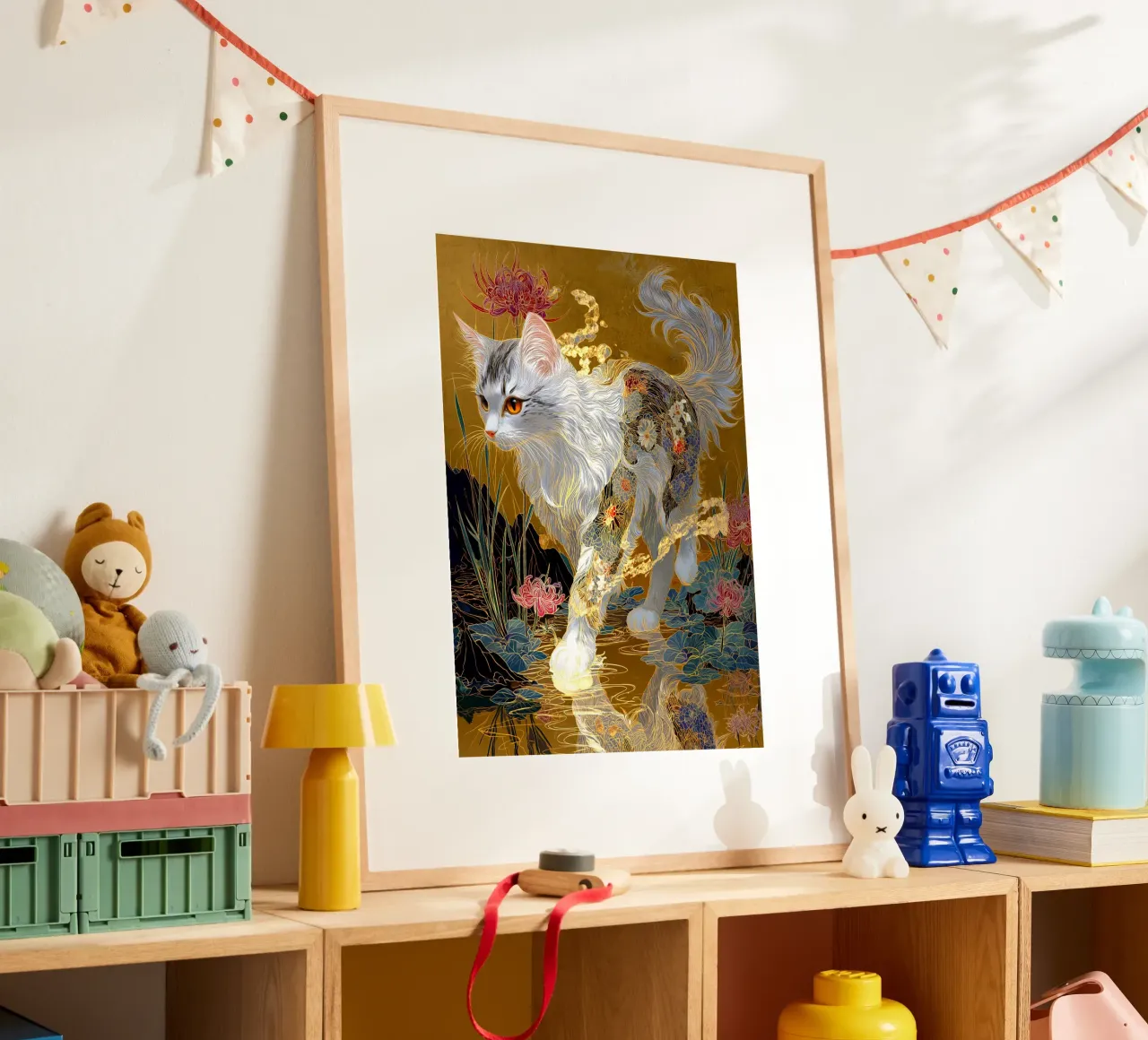 Gatto Ukiyo-e poster con telaio in legno da Stellar Creative