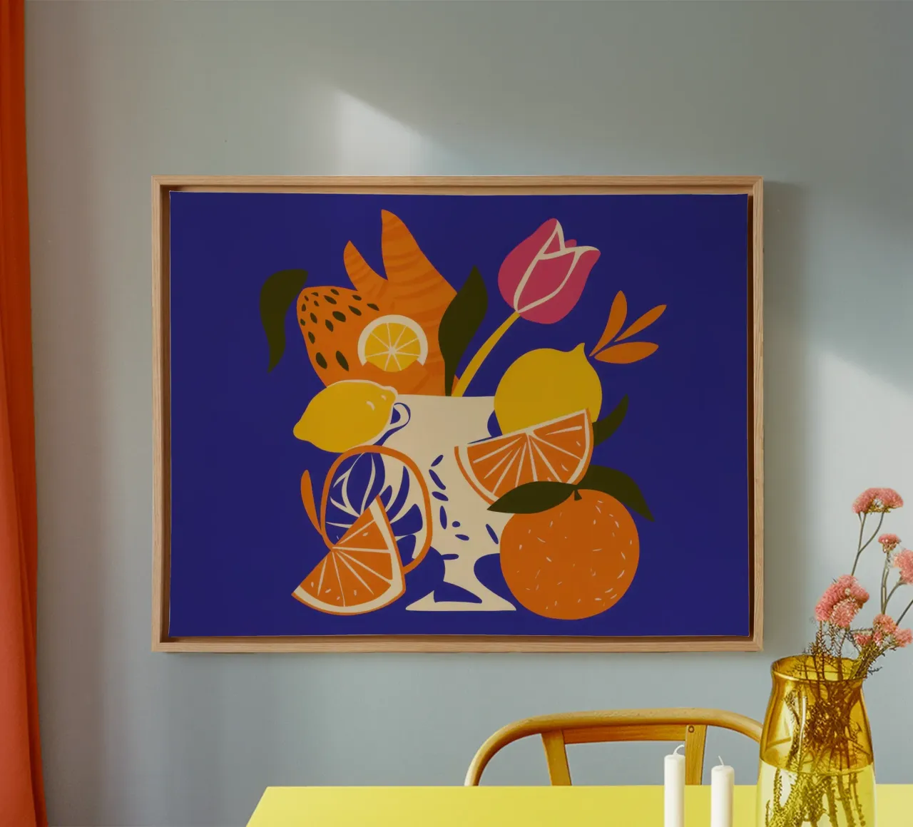 Citrus and Tulip Still life canvas with Floater frame by Bruce Juice