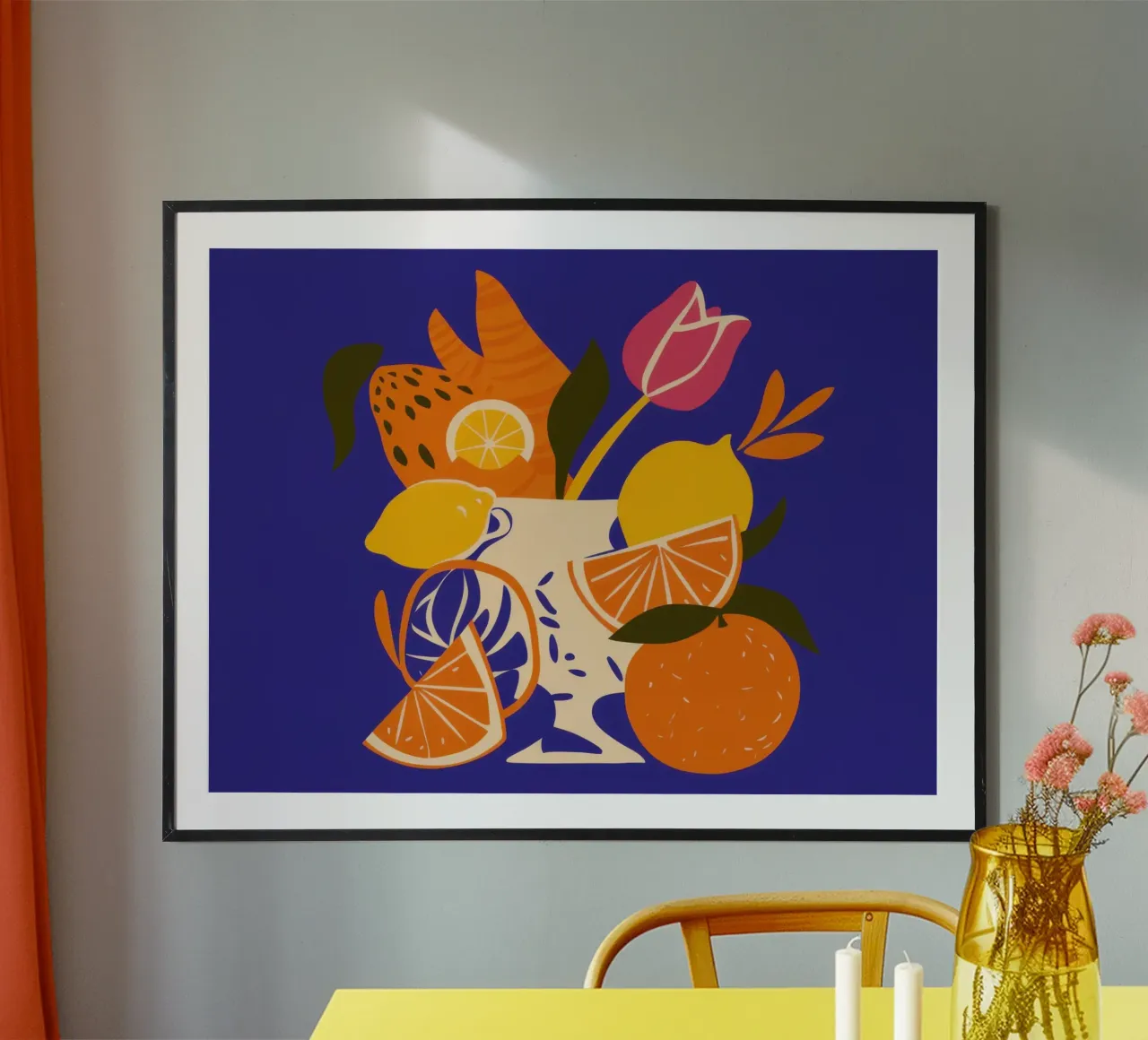 Natura morta di agrumi e tulipani poster da Bruce Juice