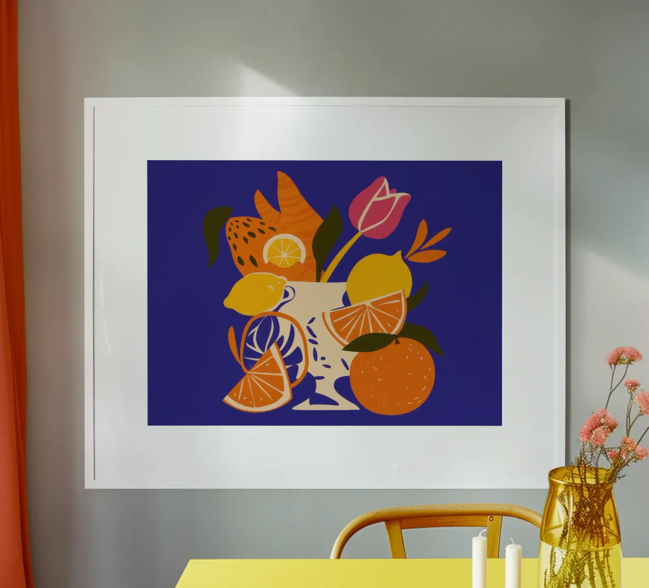 Natura morta di agrumi e tulipani poster da Bruce Juice