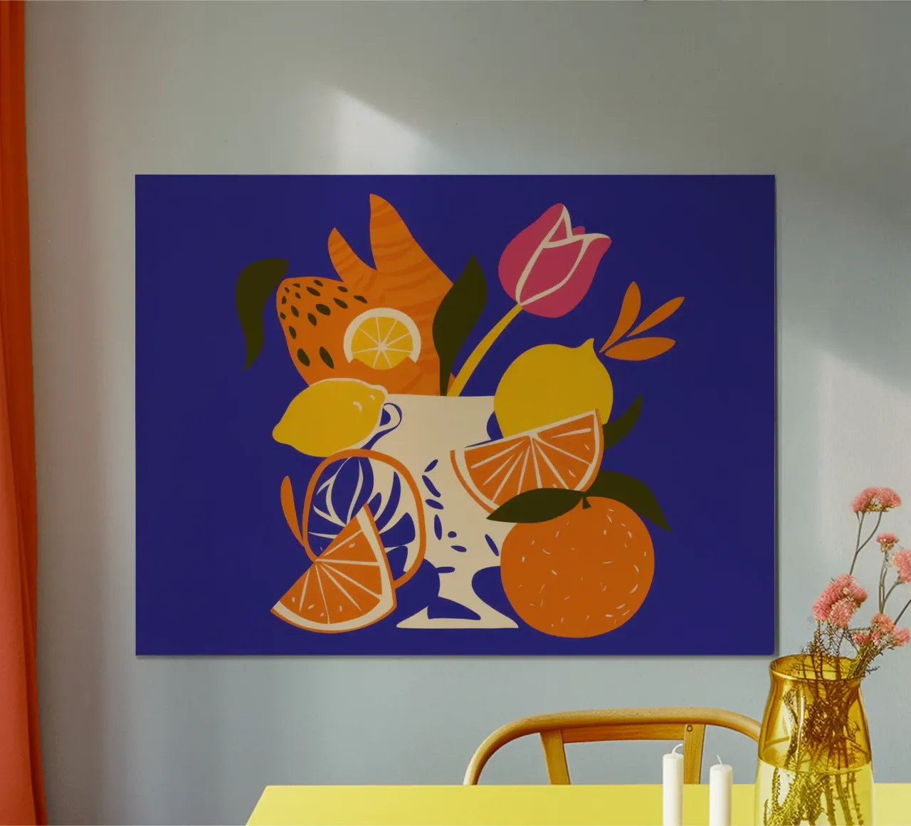 Natura morta di agrumi e tulipani poster da Bruce Juice