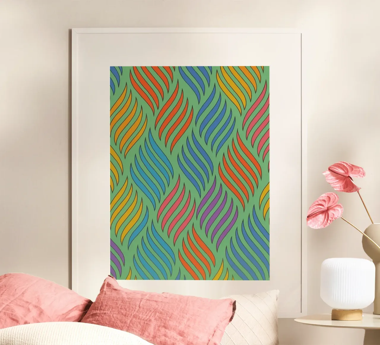 Disegno della linea della lingua di fuoco poster con telaio in alluminio da klicins