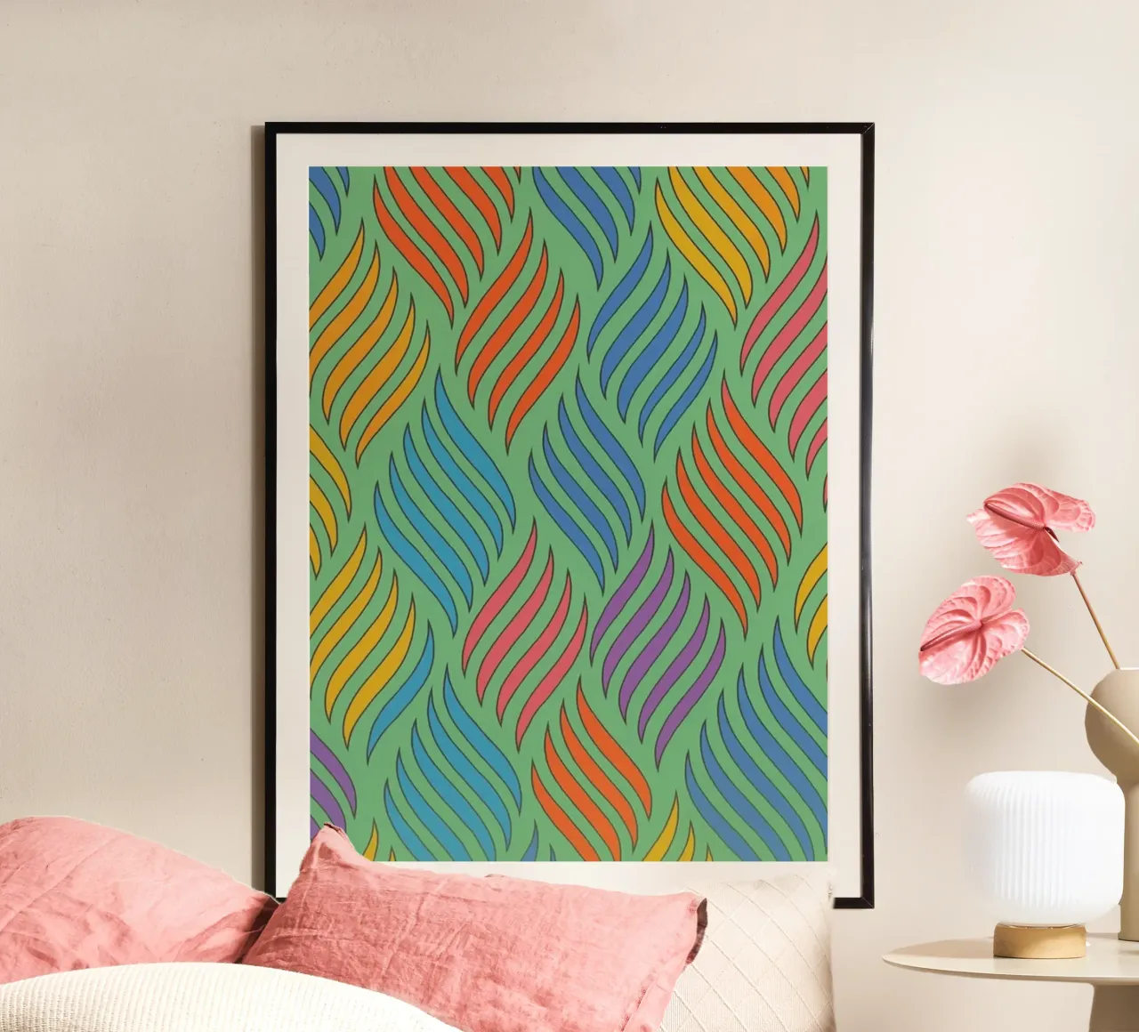 Disegno della linea della lingua di fuoco poster con telaio in alluminio da klicins