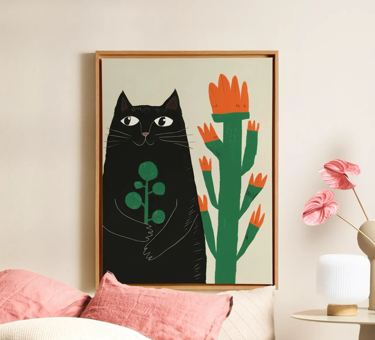 Zwarte katten en cactussen canvas met Baklijst van Lyra Glaze