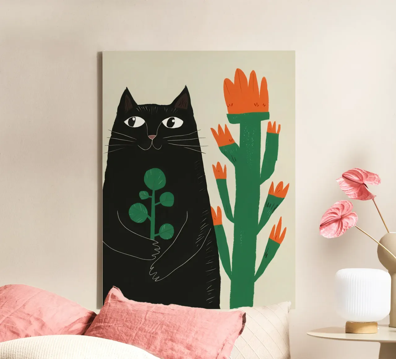 Zwarte katten en cactussen canvas met Baklijst van Lyra Glaze